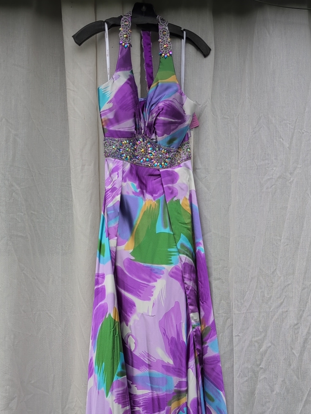NWT - Size 12 - Tony Bowls - Embellished Halter Evening Dress in Purple Floral